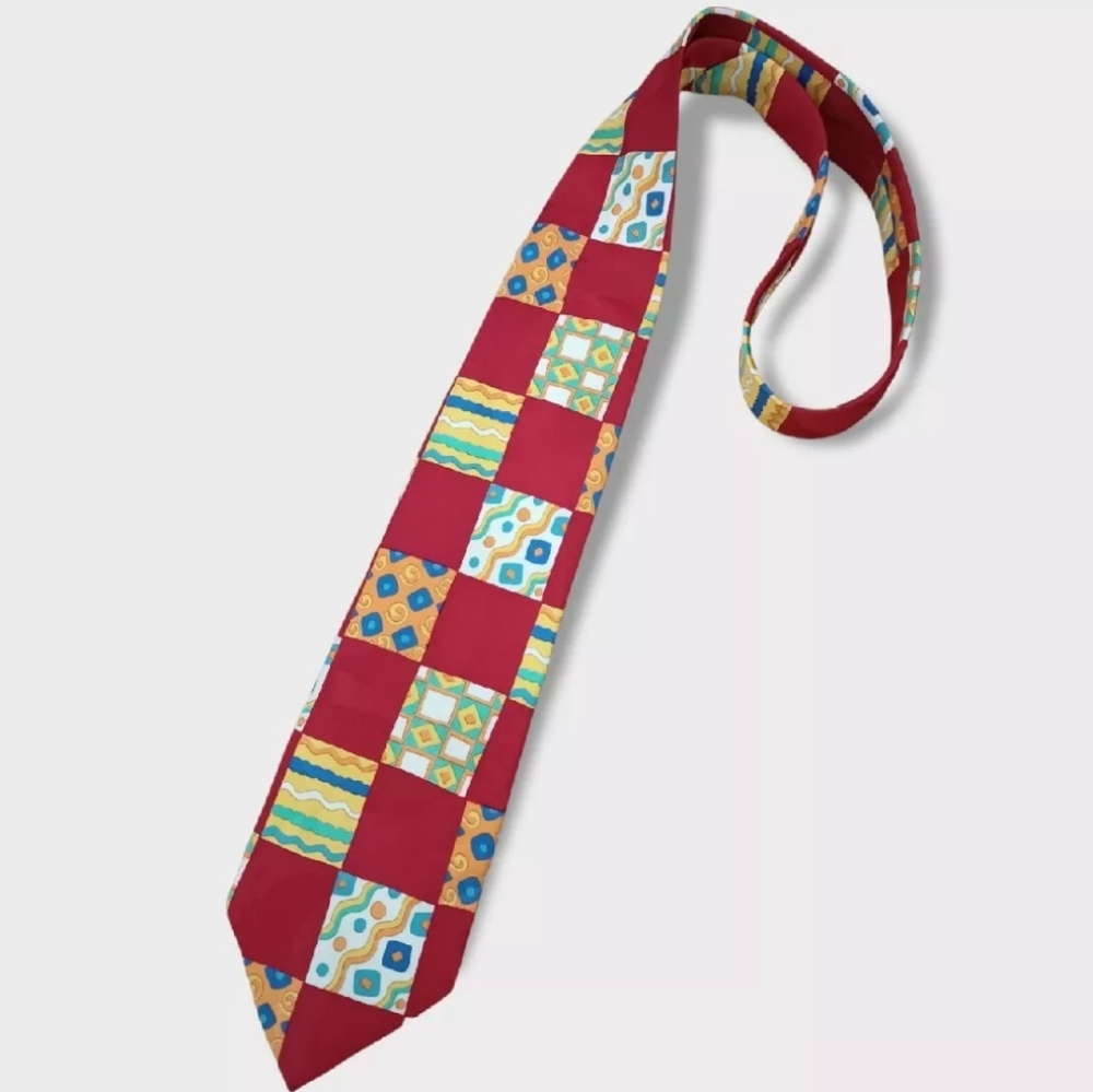 KENZO Red/Yellow/Green Geometric Silk LUXURY Tie ITALY